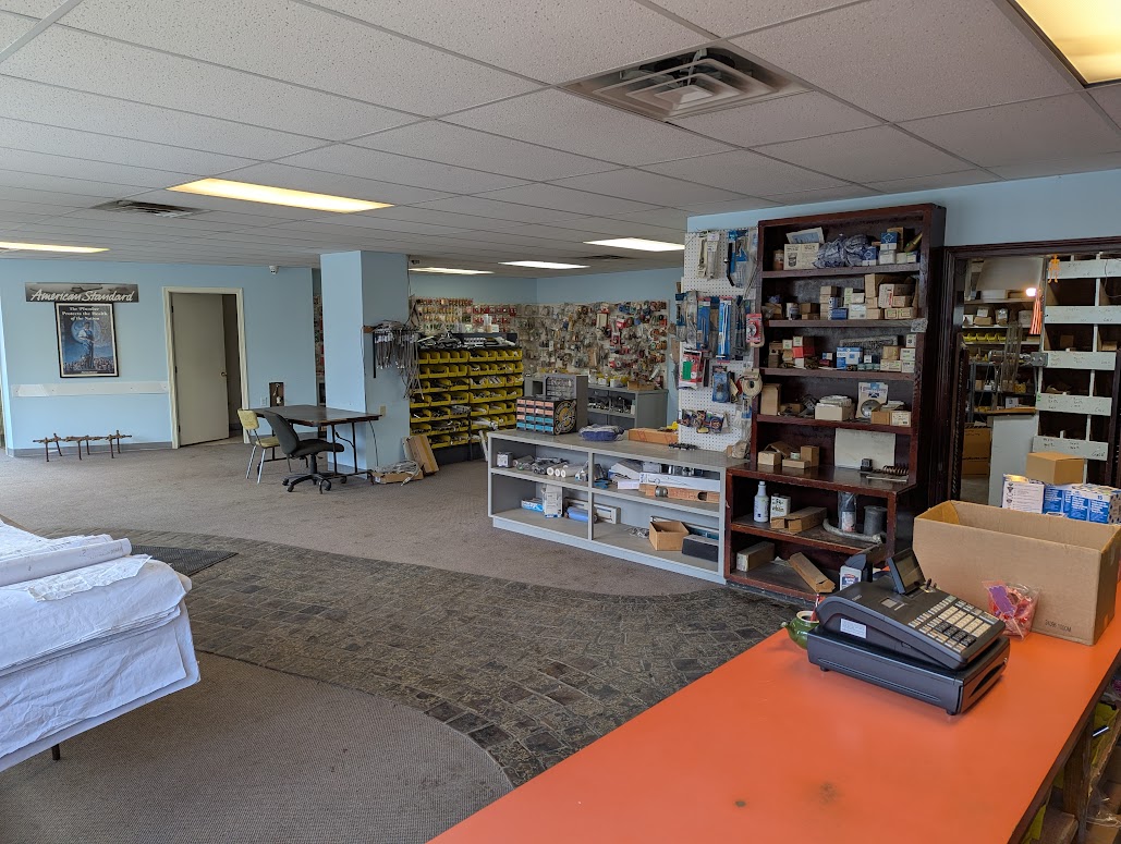 Sanford Plumbing parts counter and shelves inside the East Liverpool shop